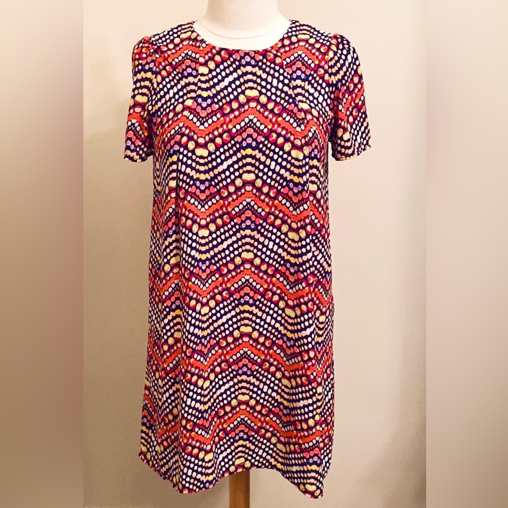 Everly Red Yellow Blue Abstract Print Short Sleeve Lined Shift Dress Size Small
